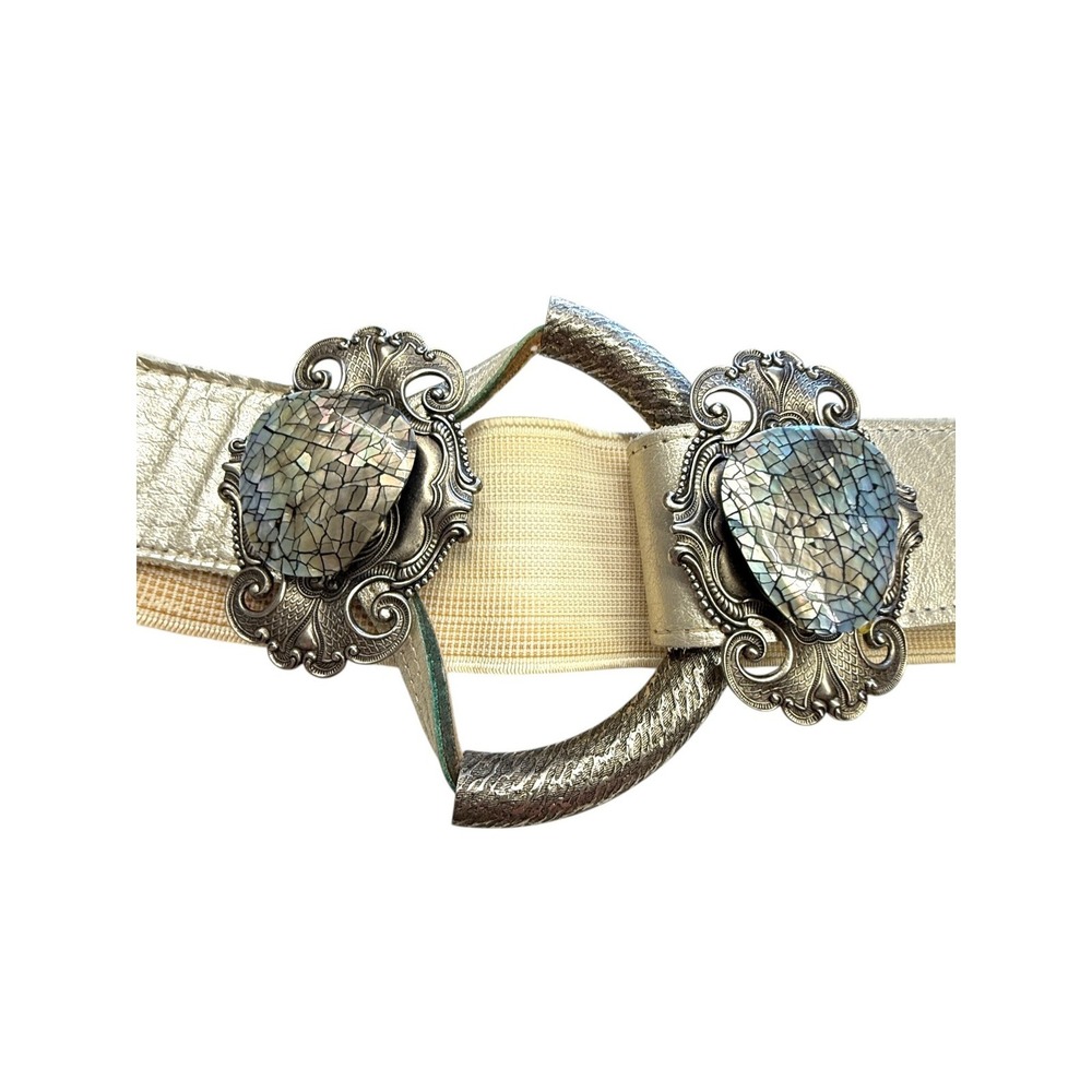 Vintage Womens Belt Ornate Silver Abalone Shell Mosaic Elastic Cinch Waist Large - Picture 4 of 10